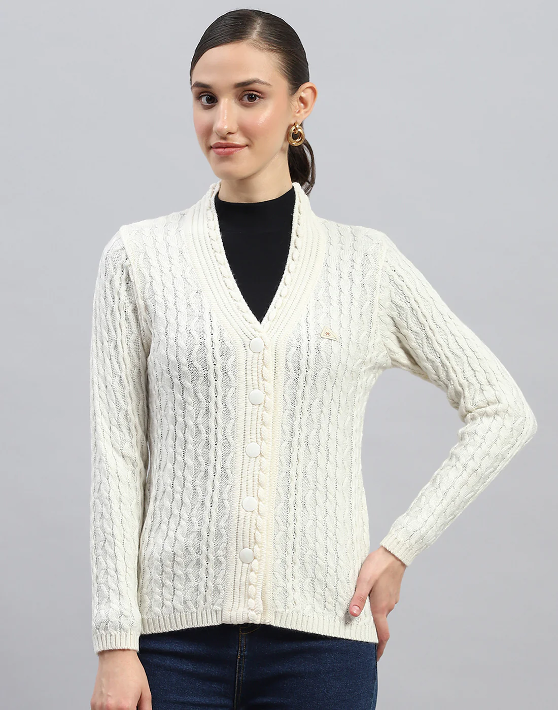 Women White Self Design V Neck Full Sleeve Cardigan - Image 2