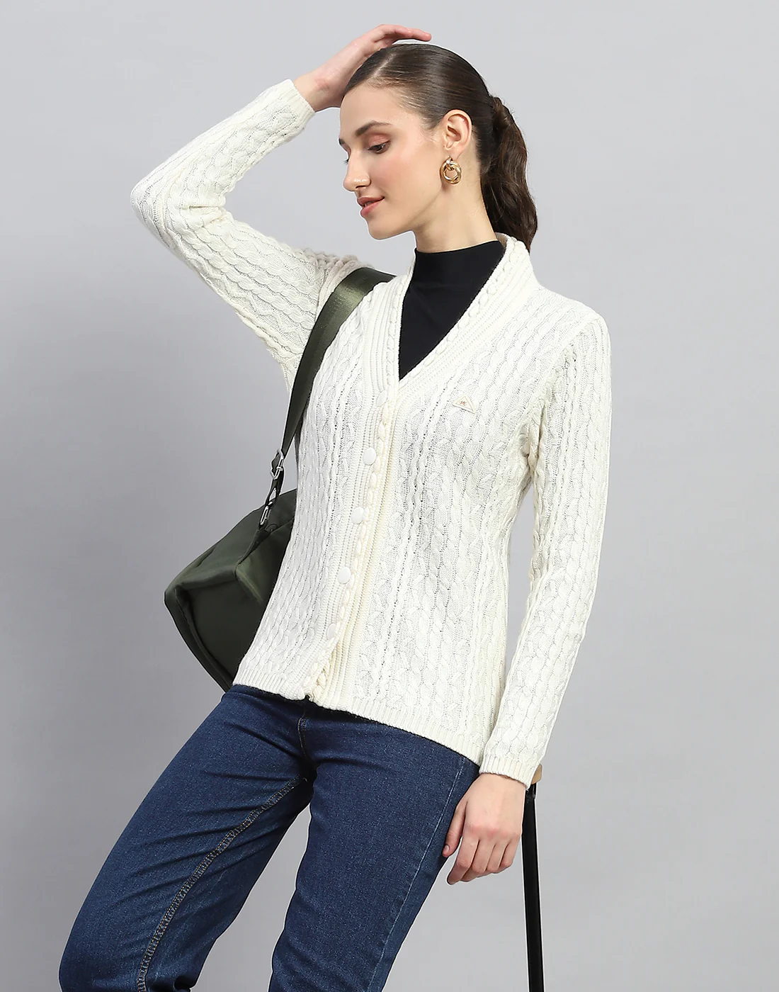 Women White Self Design V Neck Full Sleeve Cardigan - Image 6