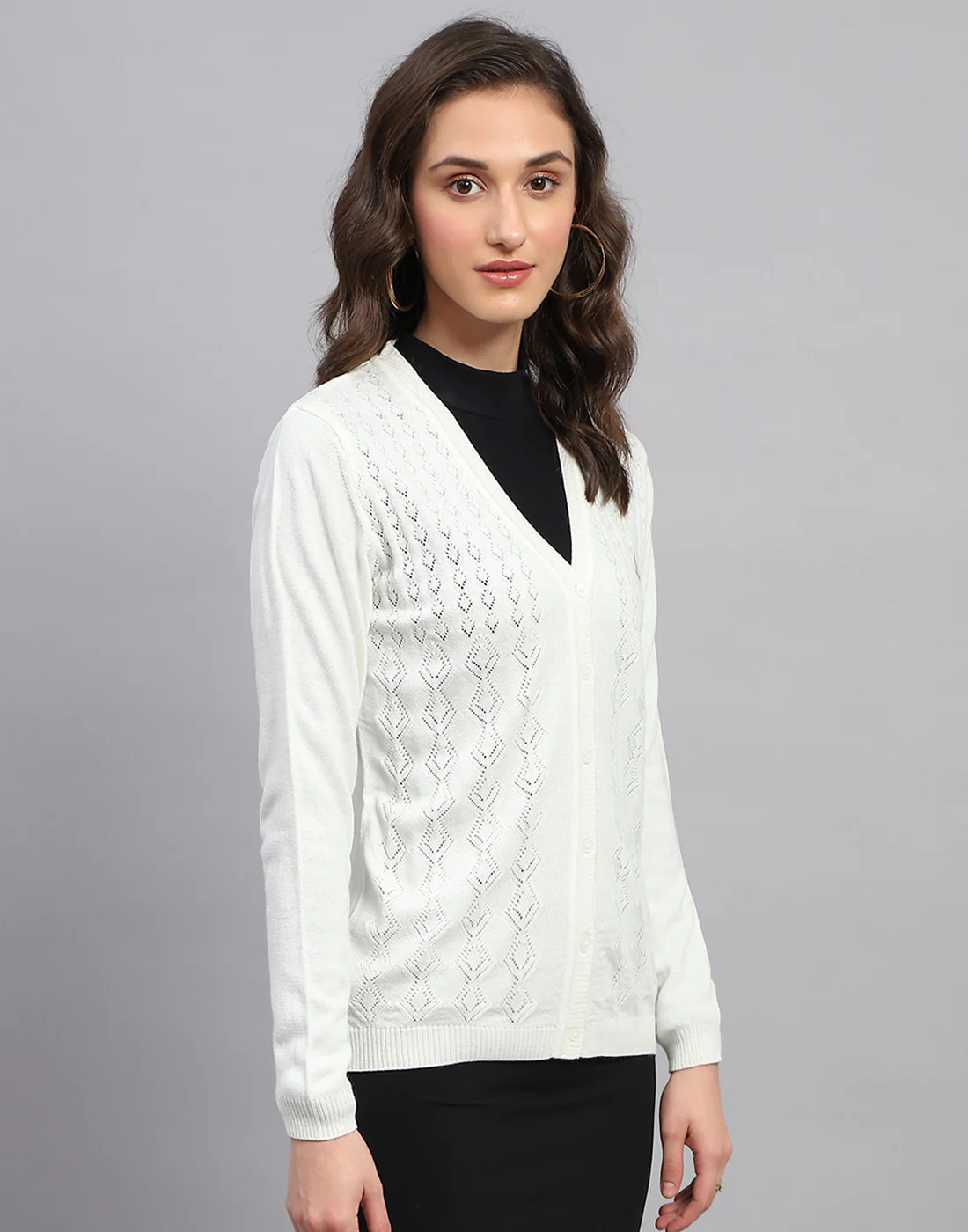 Women White Self Design V Neck Full Sleeve Cardigan - Image 4