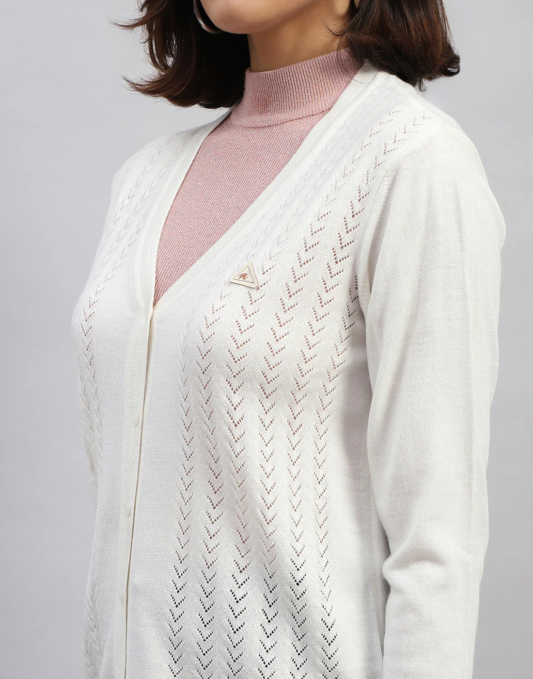 Women White Self Design V Neck Full Sleeve Cardigan - Image 6