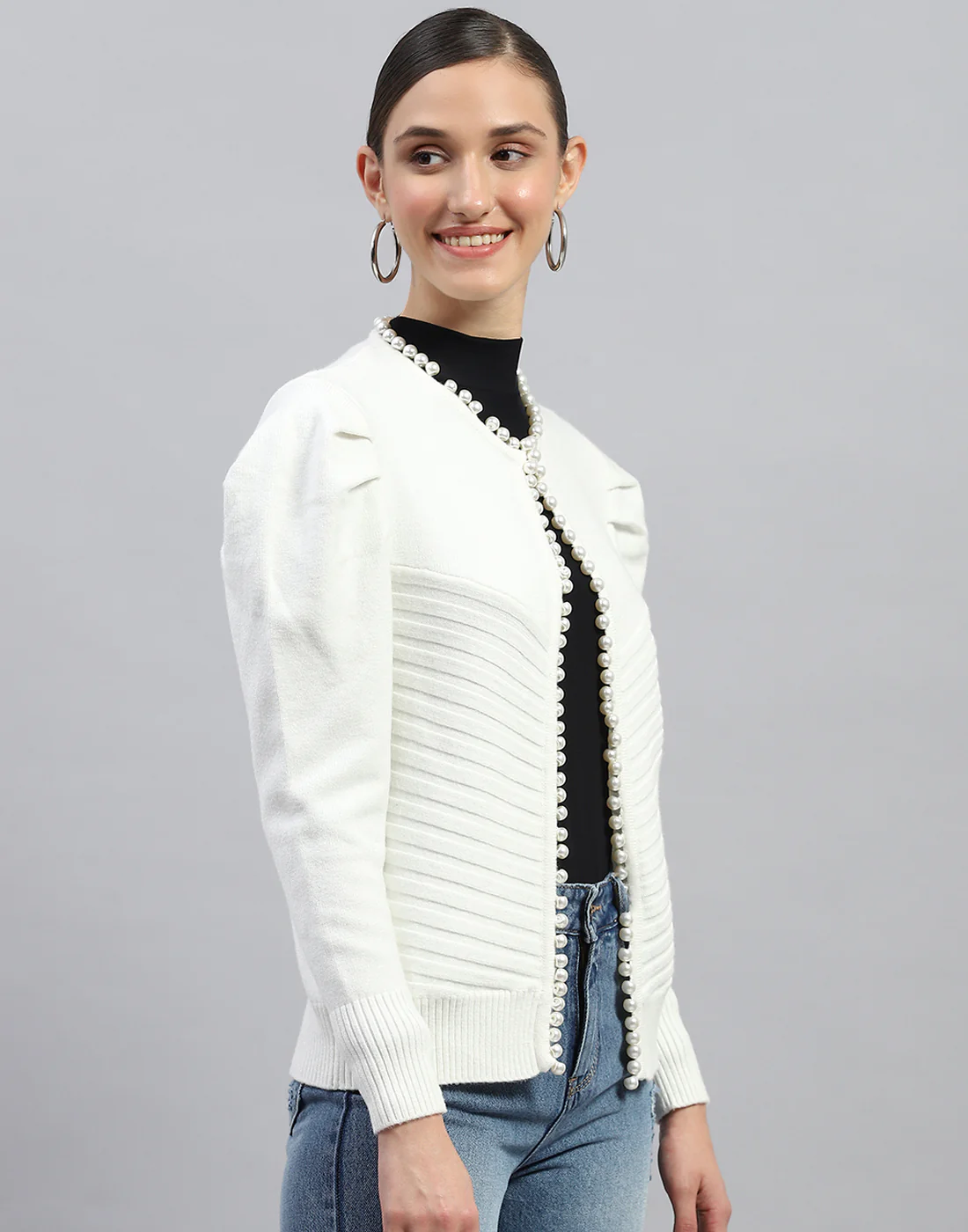 Women White Self Design V Neck Full Sleeve Cardigan - Image 4
