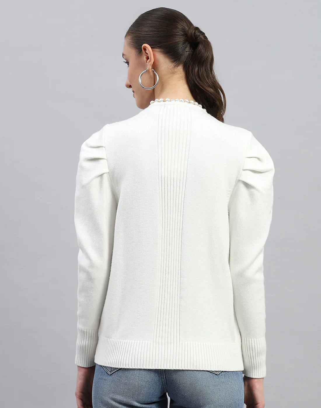 Women White Self Design V Neck Full Sleeve Cardigan - Image 5