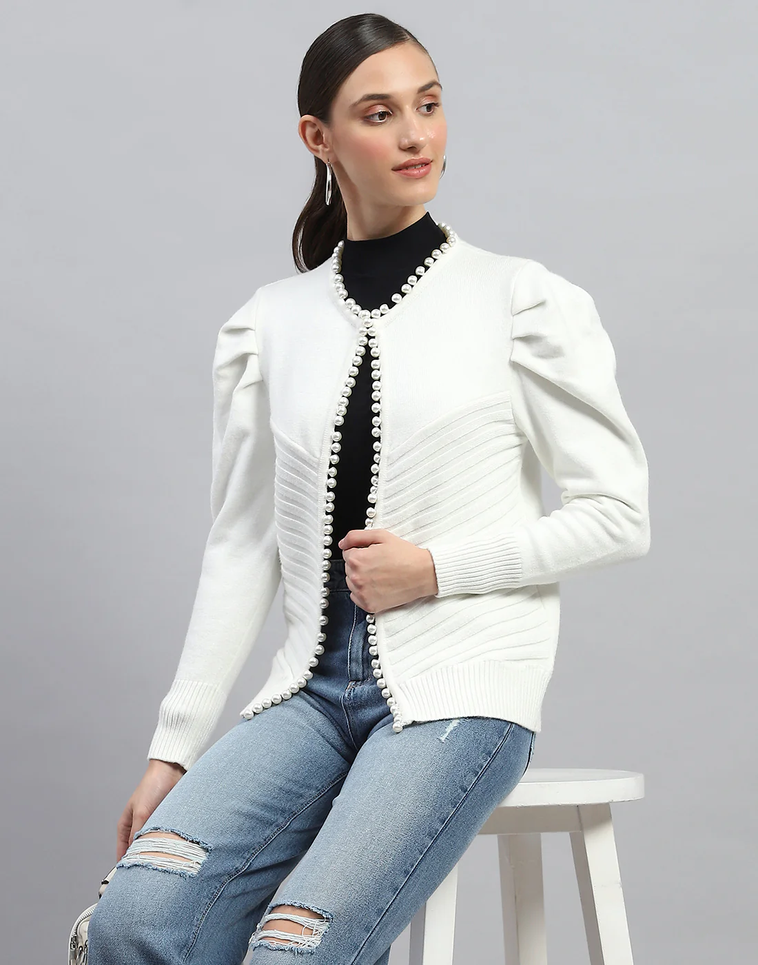 Women White Self Design V Neck Full Sleeve Cardigan - Image 6