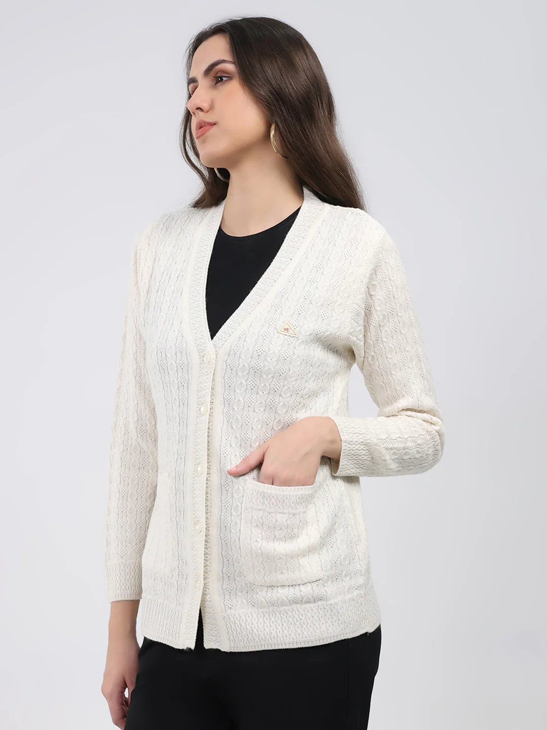 Women White Self Design V Neck Full Sleeve Cardigan - Image 3