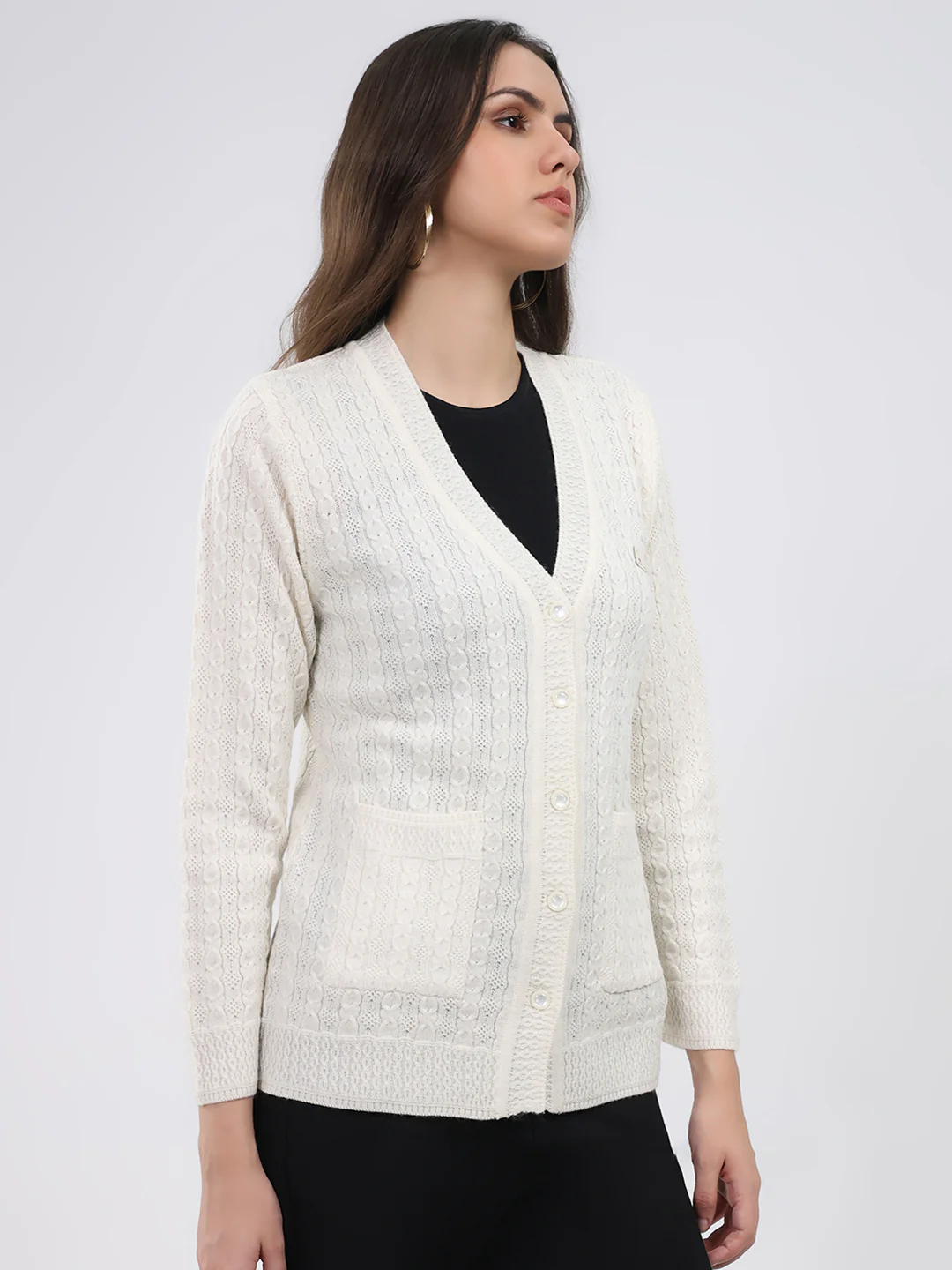 Women White Self Design V Neck Full Sleeve Cardigan - Image 4