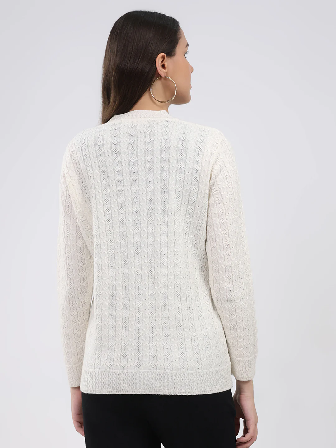 Women White Self Design V Neck Full Sleeve Cardigan - Image 5