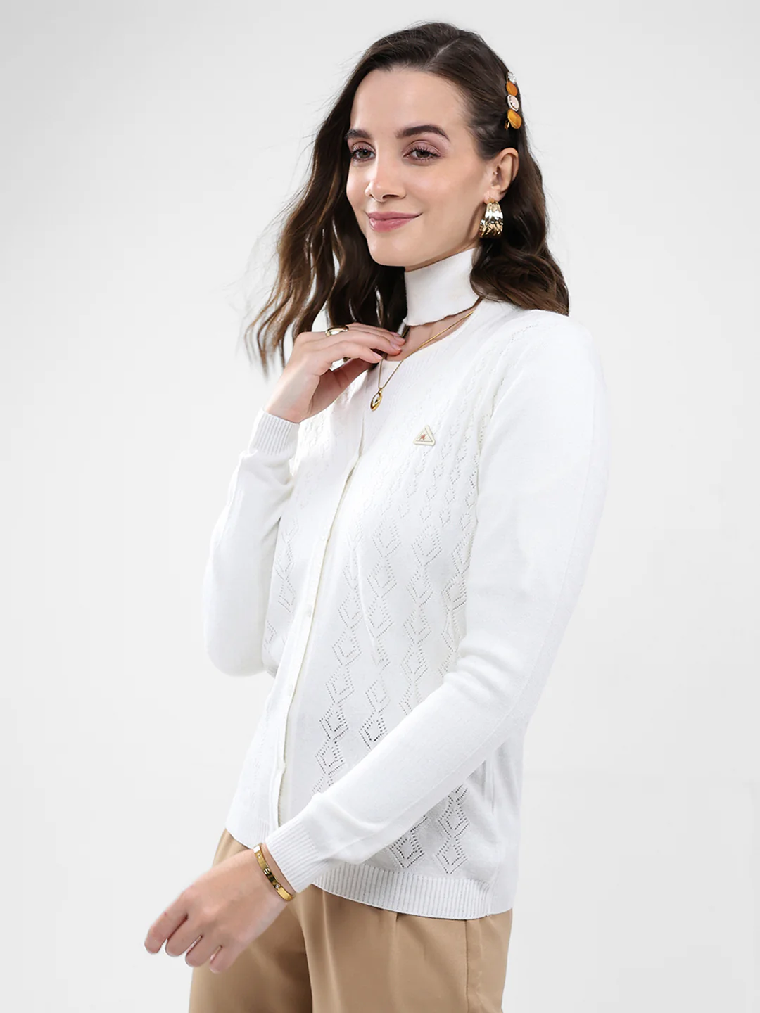 Women White Self Design V Neck Full Sleeve Cardigan - Image 3
