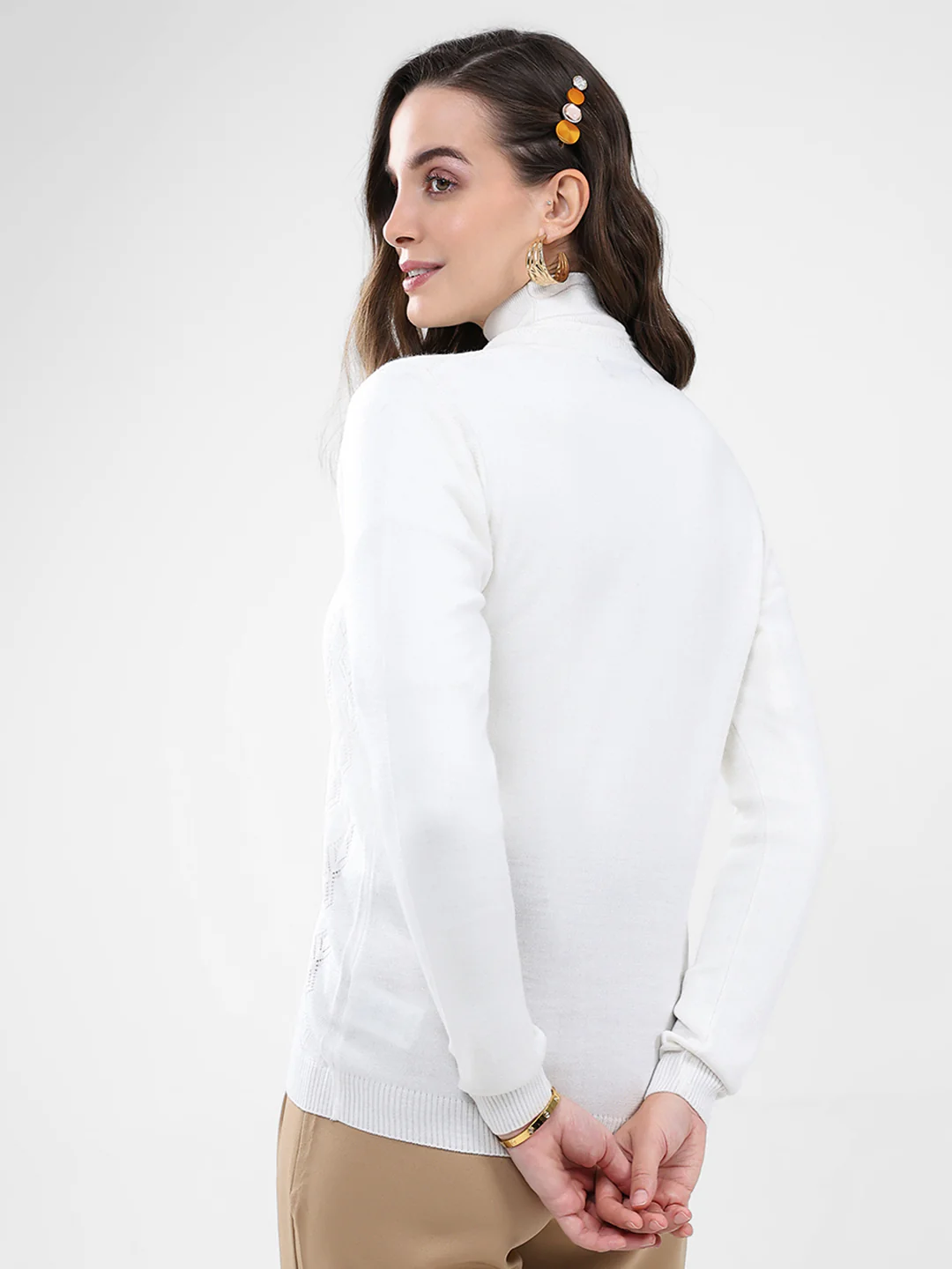 Women White Self Design V Neck Full Sleeve Cardigan - Image 5