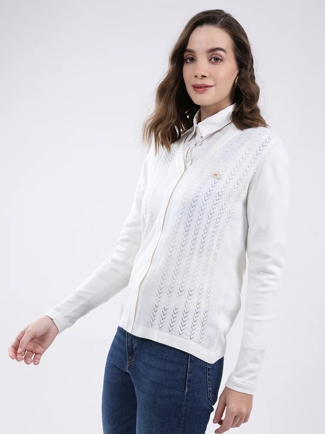 Women White Self Design V Neck Full Sleeve Cardigan - Image 3