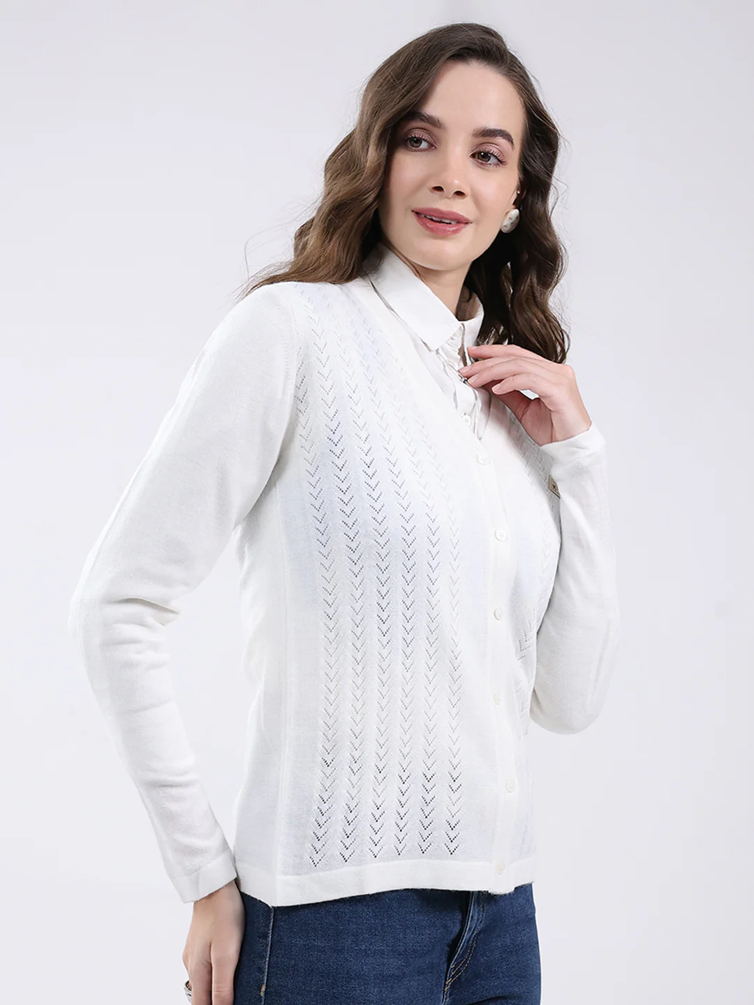 Women White Self Design V Neck Full Sleeve Cardigan - Image 4