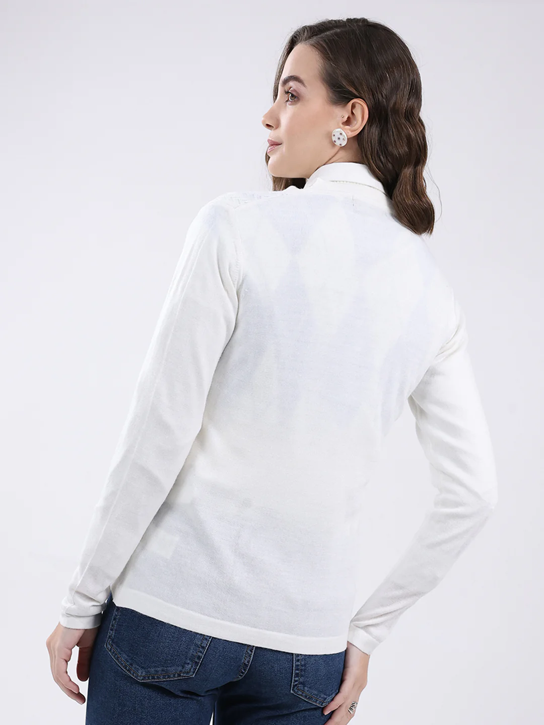Women White Self Design V Neck Full Sleeve Cardigan - Image 5