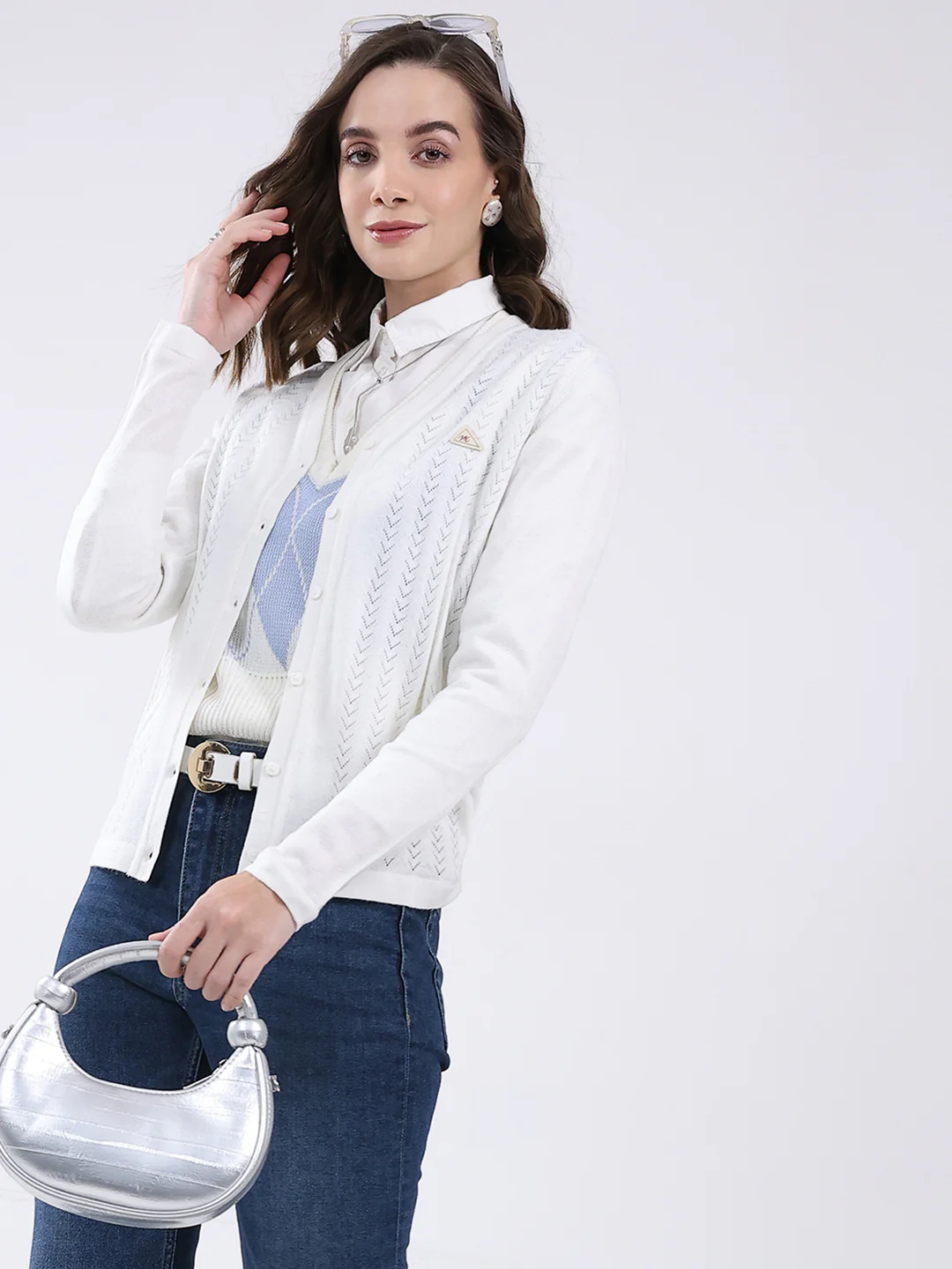 Women White Self Design V Neck Full Sleeve Cardigan - Image 6