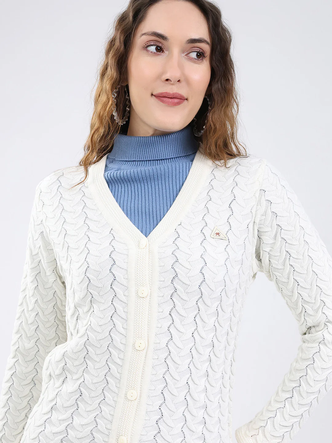 Women White Self Design V Neck Full Sleeve Cardigan - Image 8