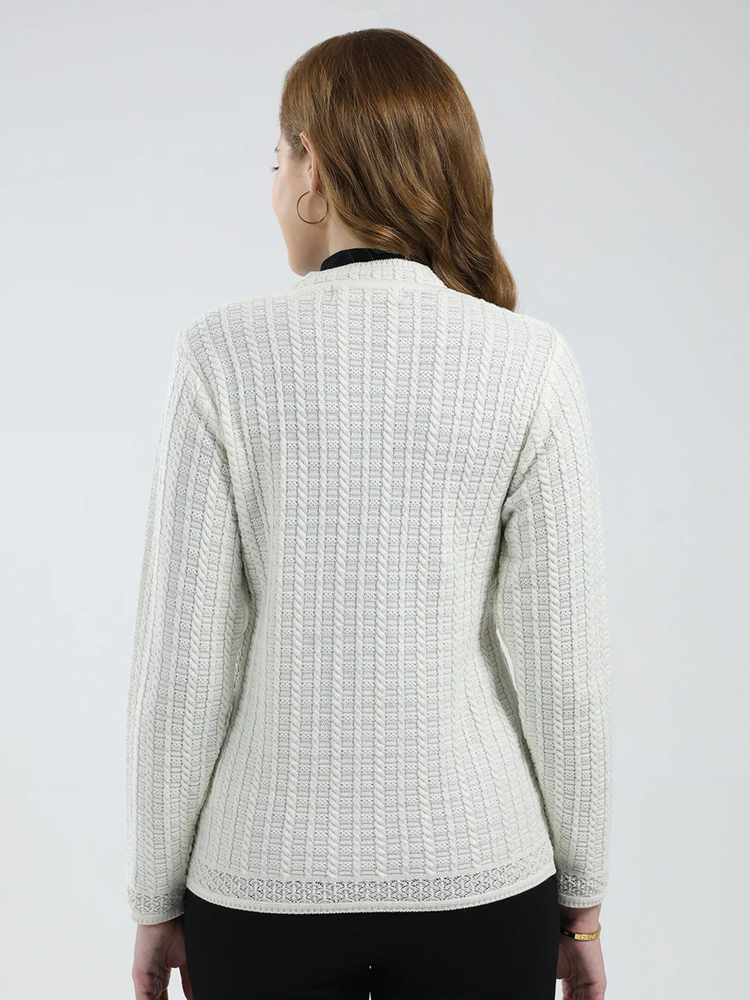 Women White Self Design V Neck Full Sleeve Cardigan - Image 5
