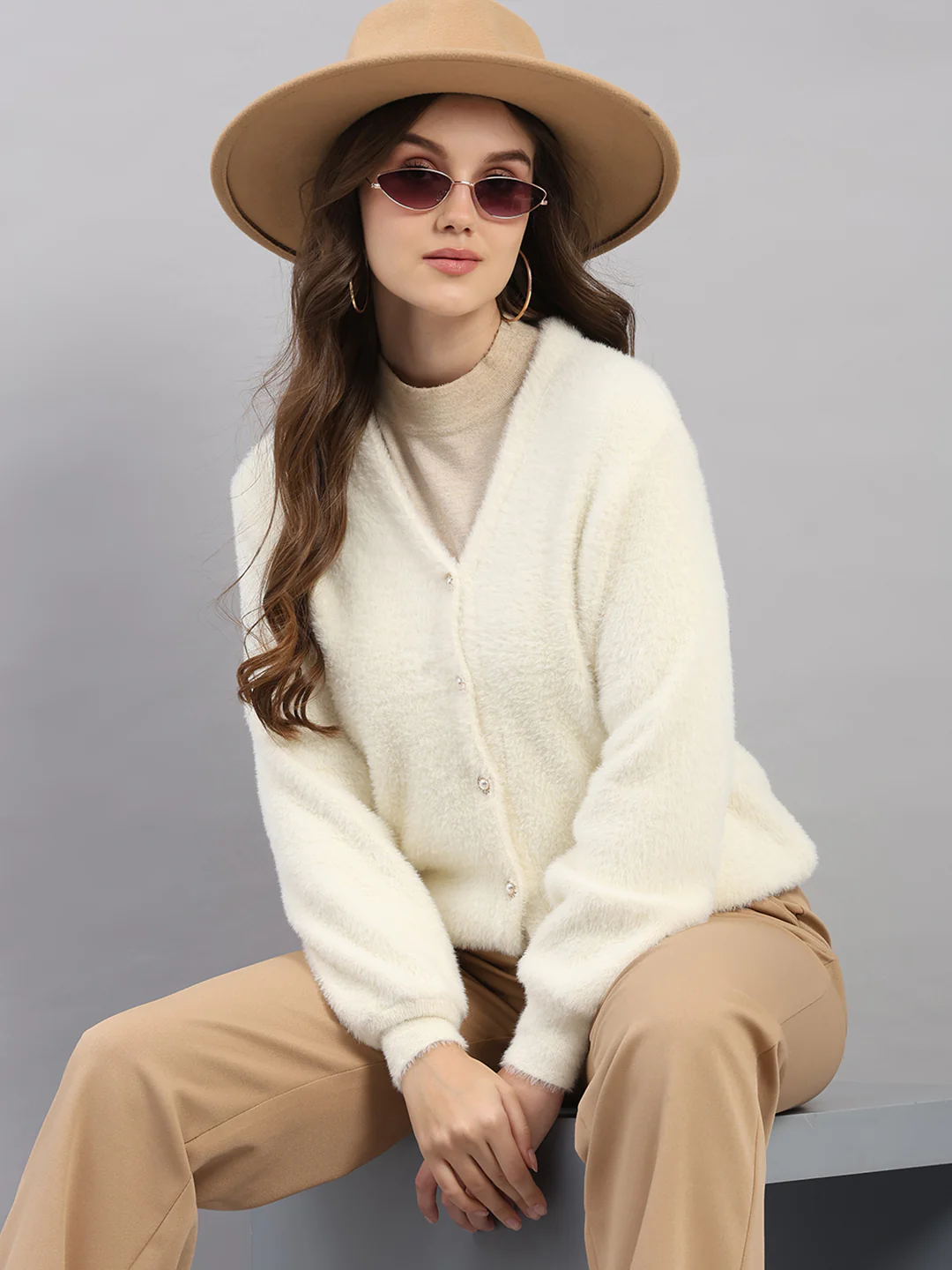 Women White Self Design V Neck Full Sleeve Cardigan - Image 6