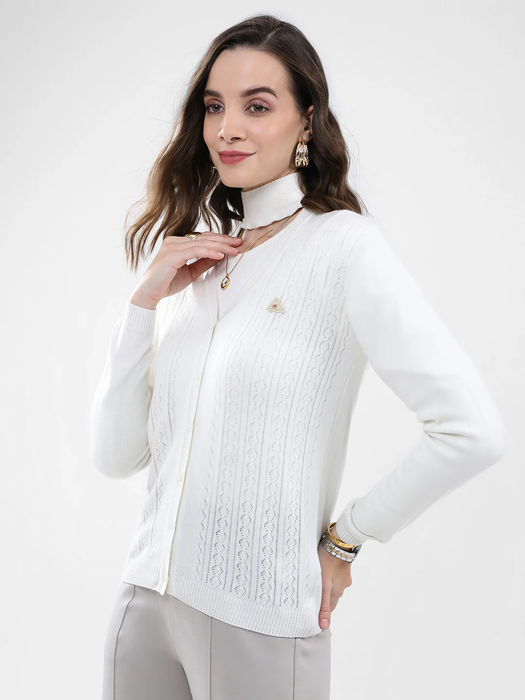 Women White Self Design V Neck Full Sleeve Cardigan - Image 3