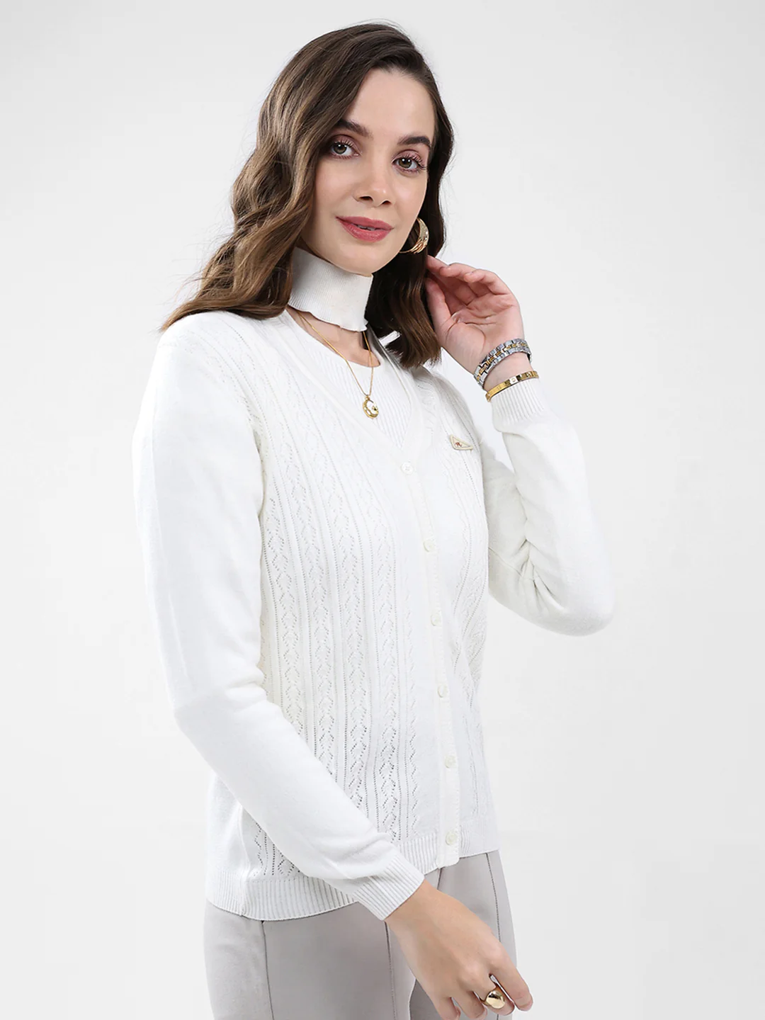 Women White Self Design V Neck Full Sleeve Cardigan - Image 4