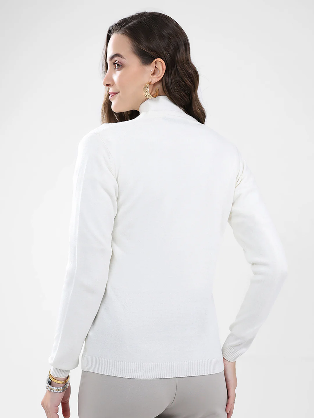 Women White Self Design V Neck Full Sleeve Cardigan - Image 5