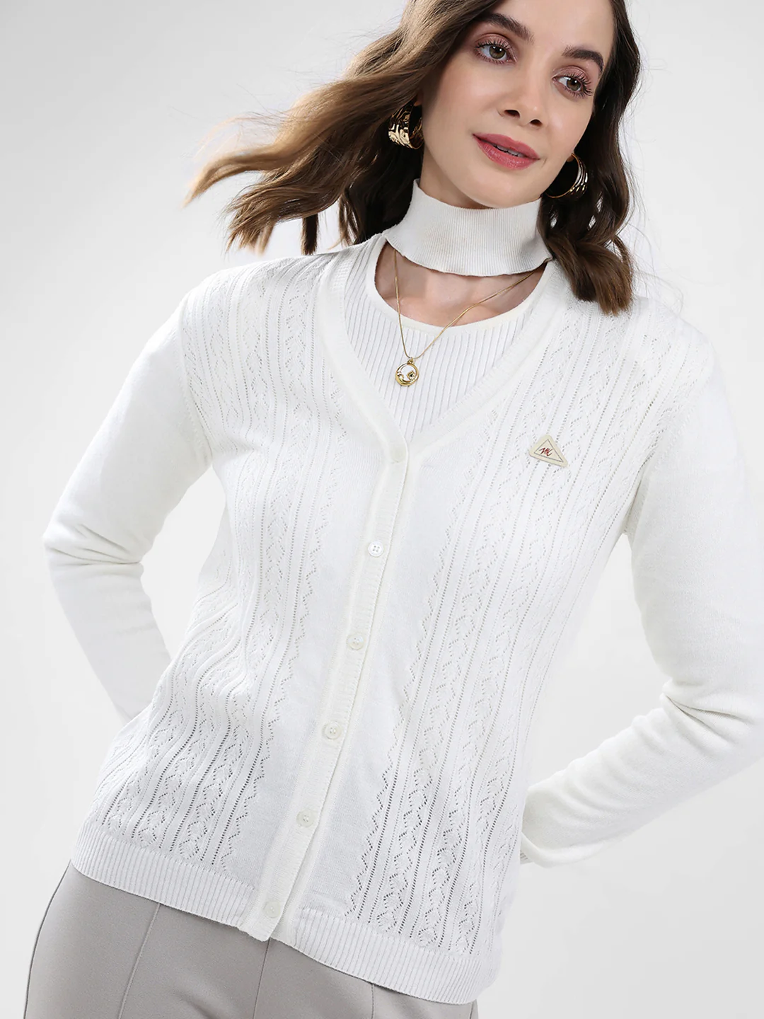Women White Self Design V Neck Full Sleeve Cardigan - Image 7