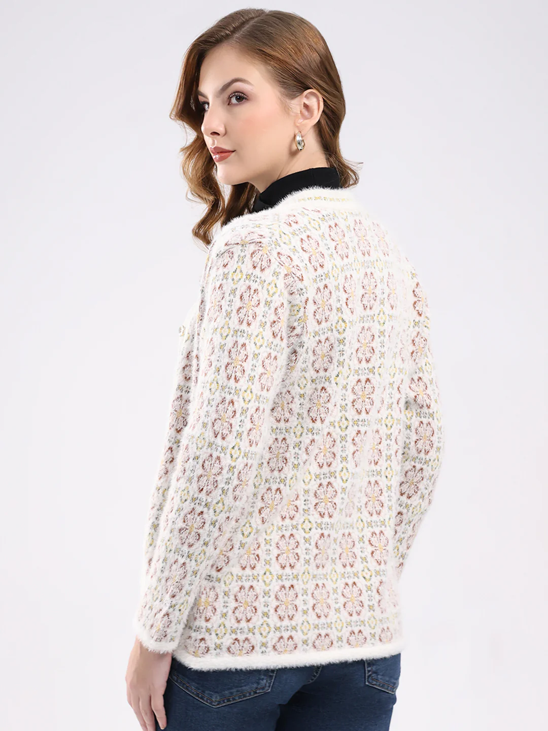 Women White Self Design V Neck Full Sleeve Cardigan - Image 5