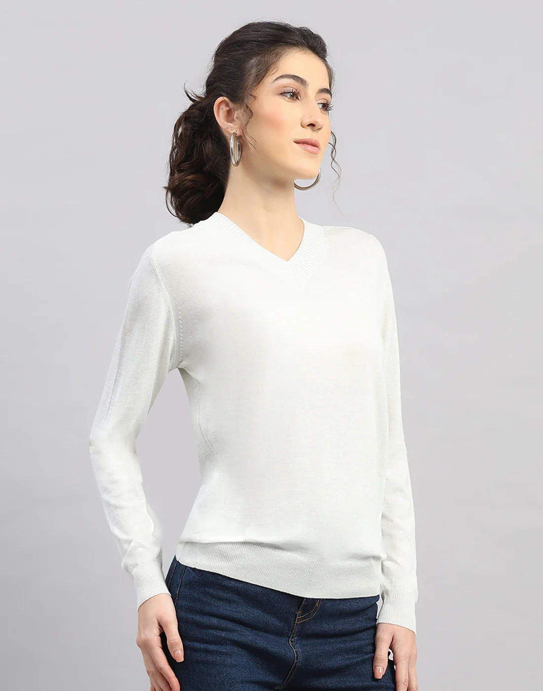Women White Self Design V Neck Full Sleeve Winter Top - Image 3