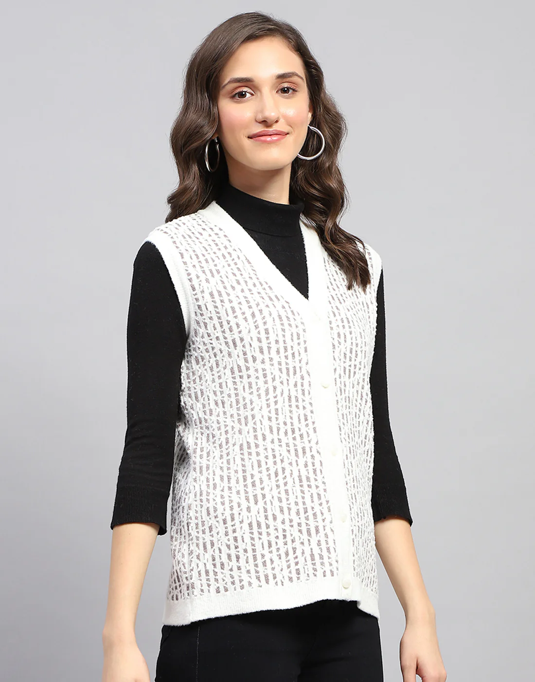 Women White Self Design V Neck Sleeveless Cardigan - Image 5