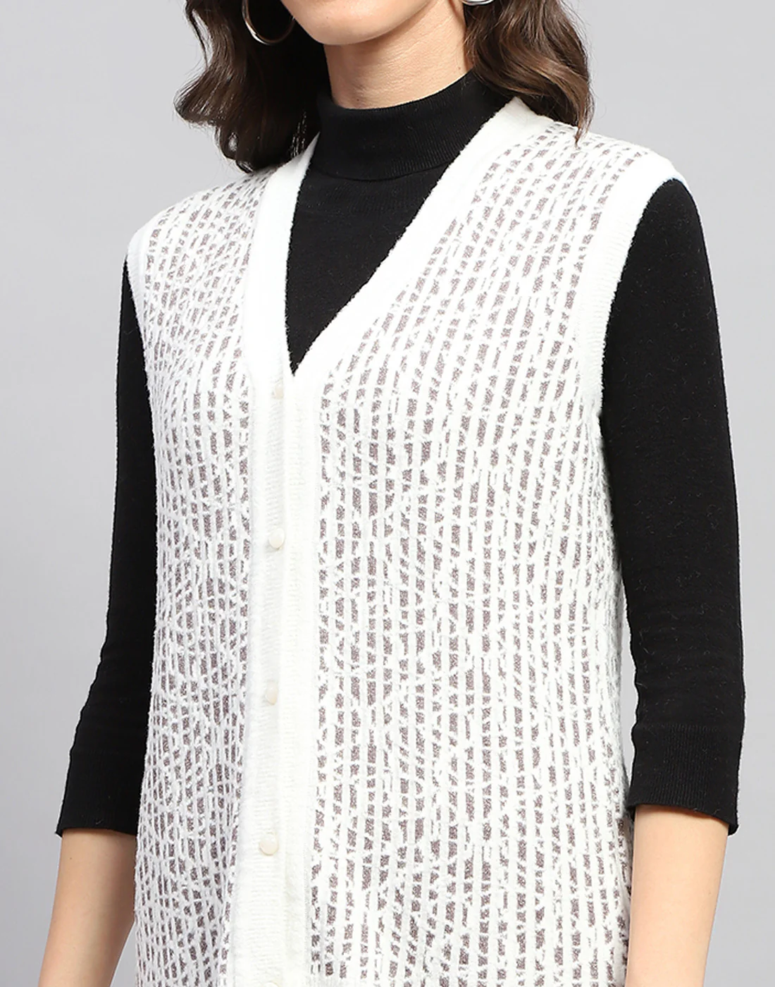 Women White Self Design V Neck Sleeveless Cardigan - Image 7