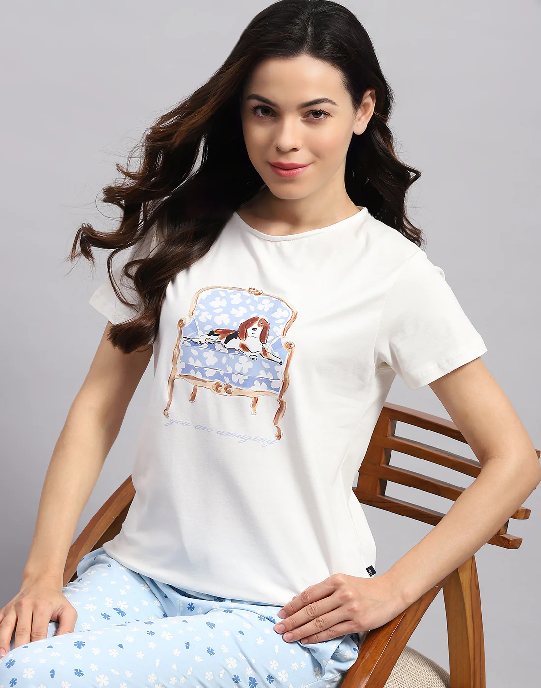 Women White & Sky Blue Printed Round Neck Half Sleeve Lower Set - Image 2