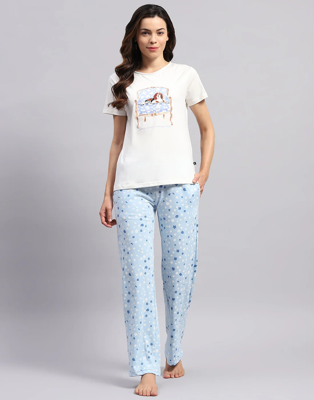 Women White & Sky Blue Printed Round Neck Half Sleeve Lower Set - Image 3