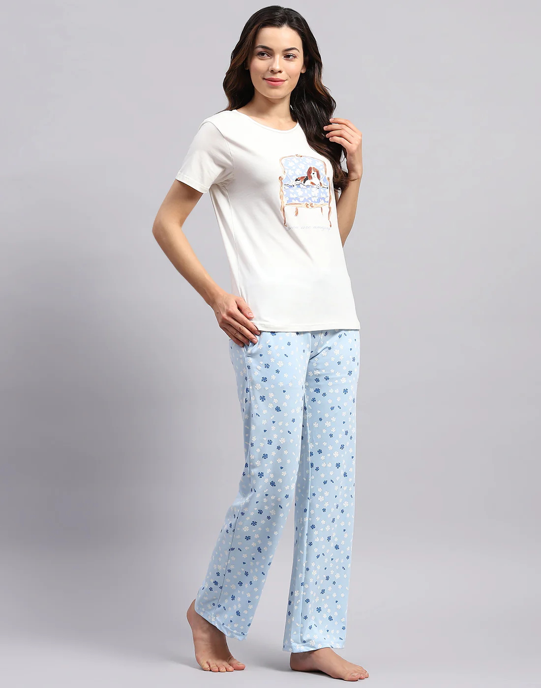 Women White & Sky Blue Printed Round Neck Half Sleeve Lower Set - Image 5