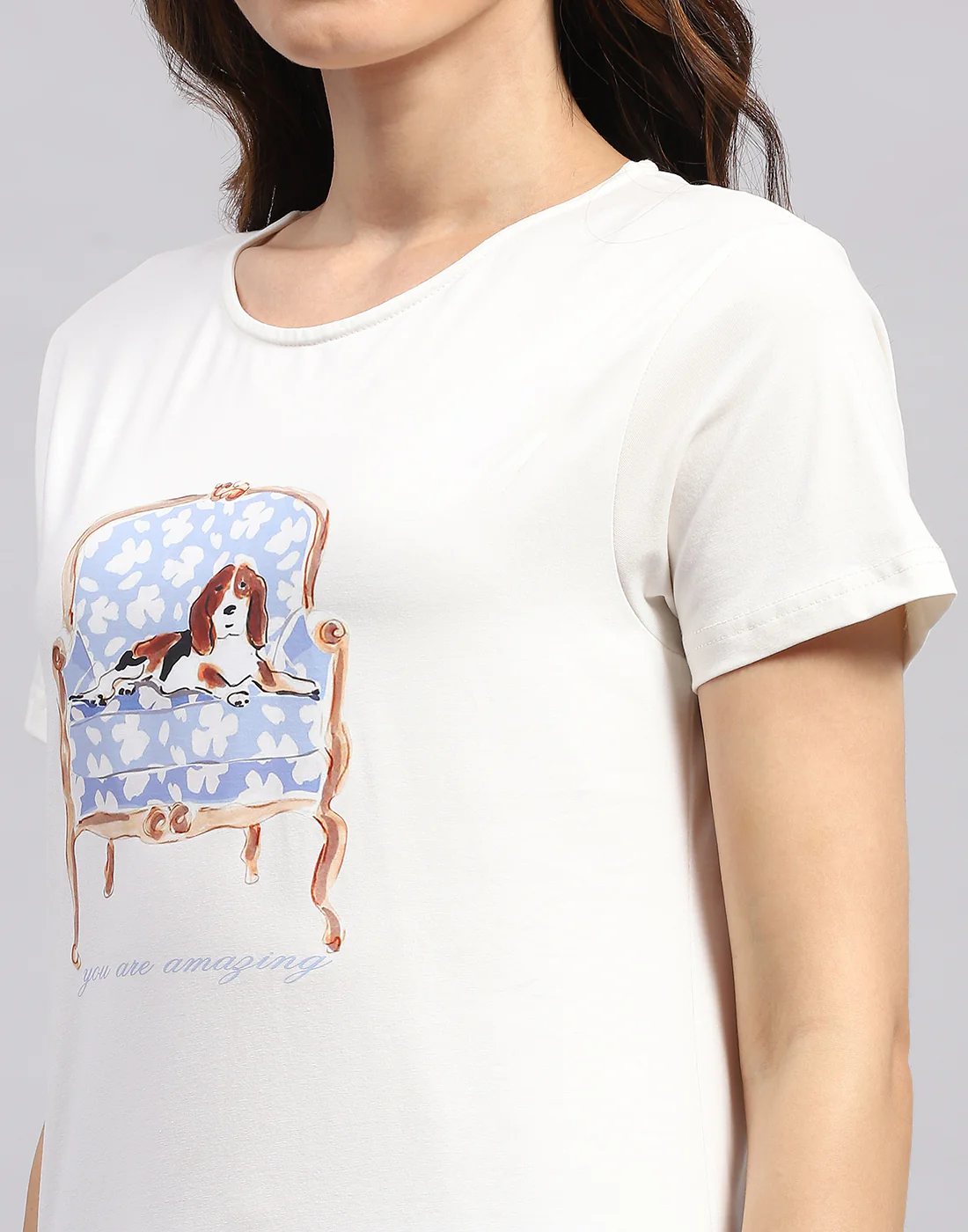 Women White & Sky Blue Printed Round Neck Half Sleeve Lower Set - Image 7
