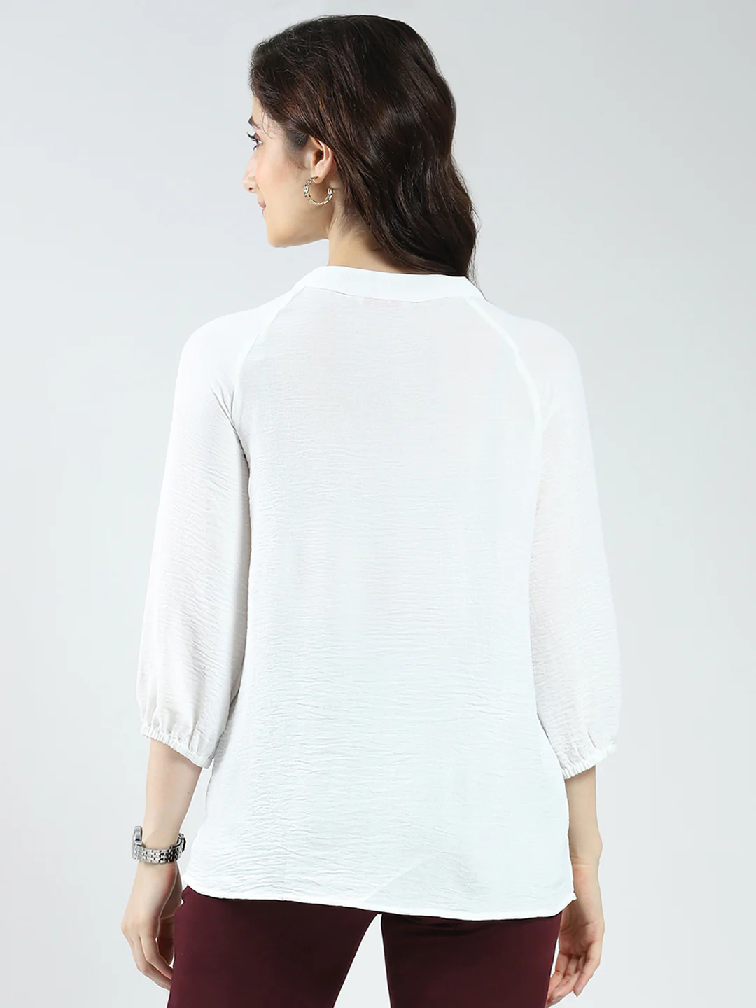 Women White Solid Band Neck 3/4th Sleeve Top - Image 5