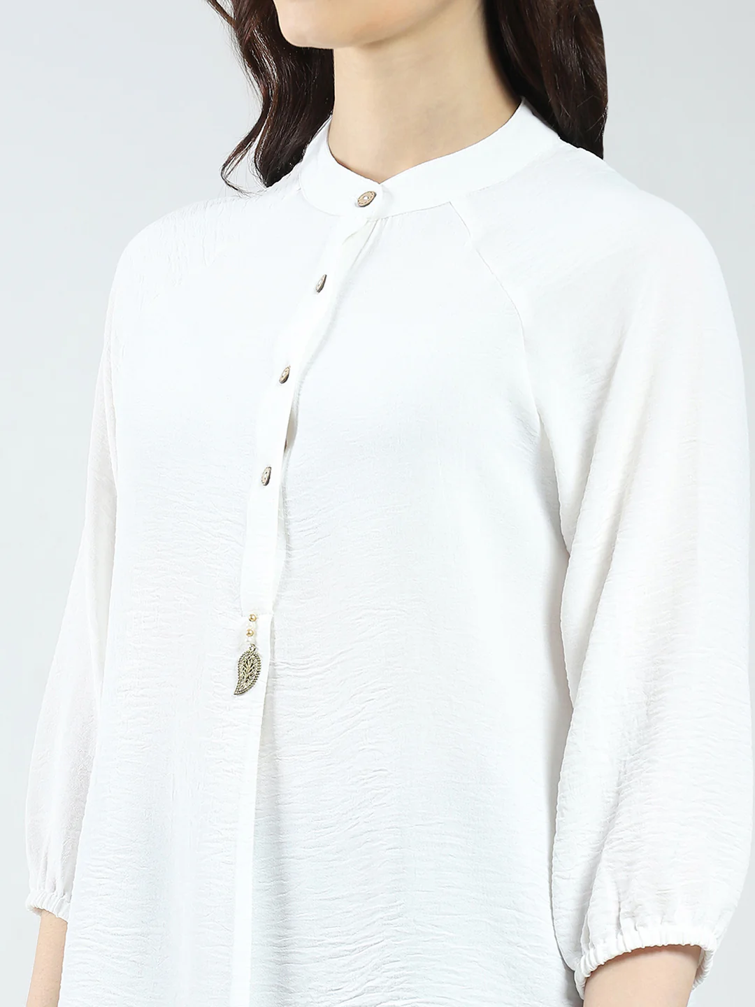 Women White Solid Band Neck 3/4th Sleeve Top - Image 6