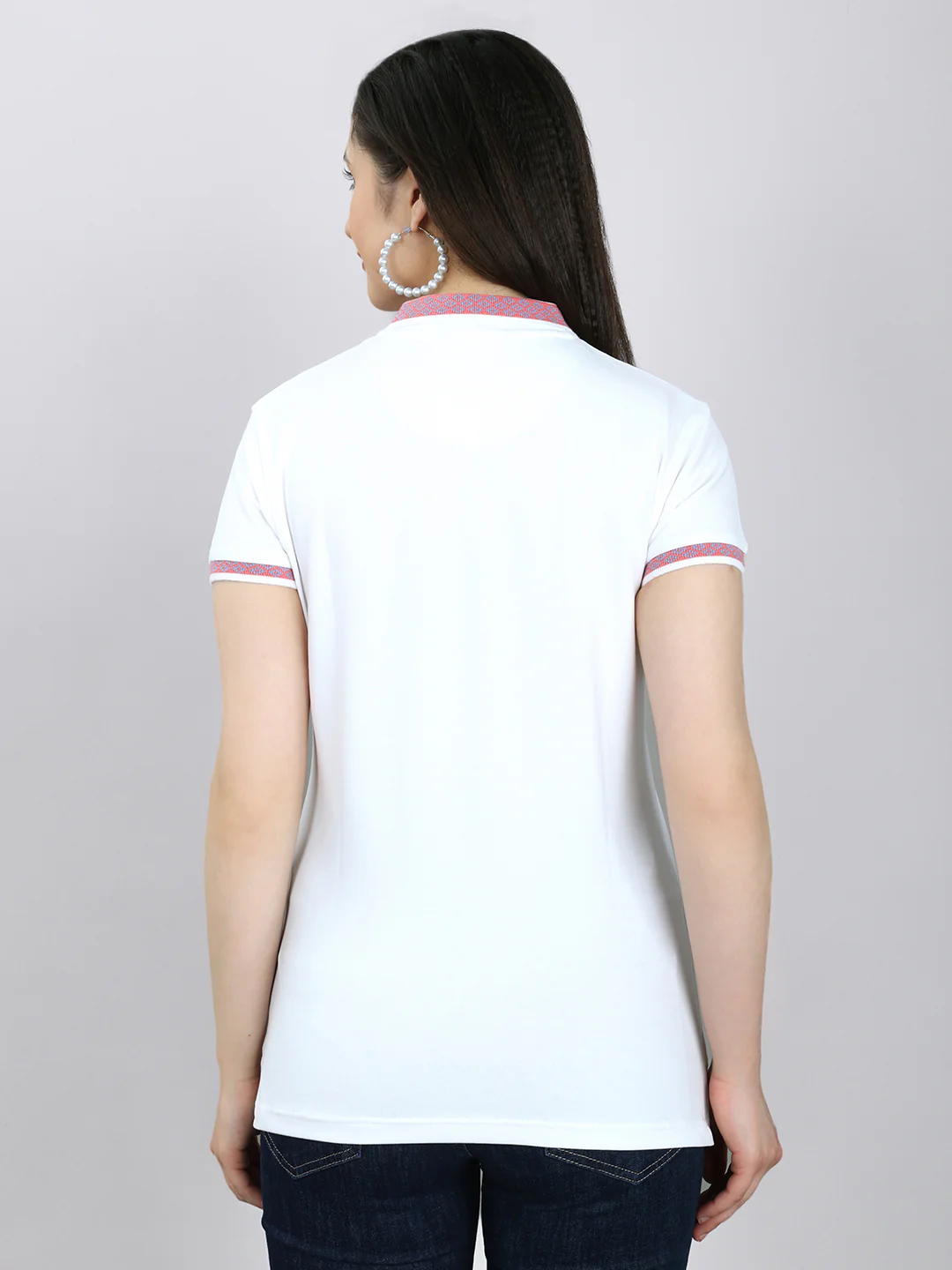 Women White Solid Collar Half Sleeve T-Shirt - Image 5
