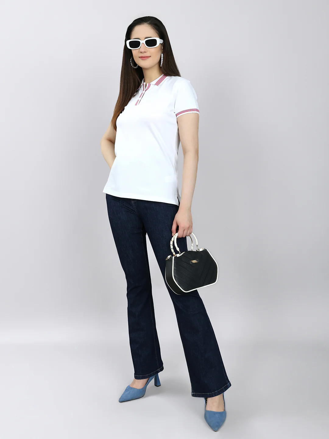 Women White Solid Collar Half Sleeve T-Shirt - Image 6