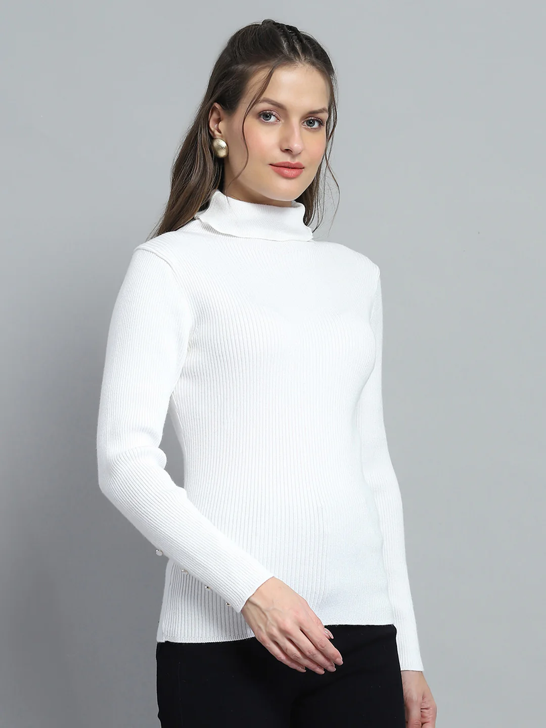 Women White Solid High Neck Full Sleeve Sceavy - Image 4