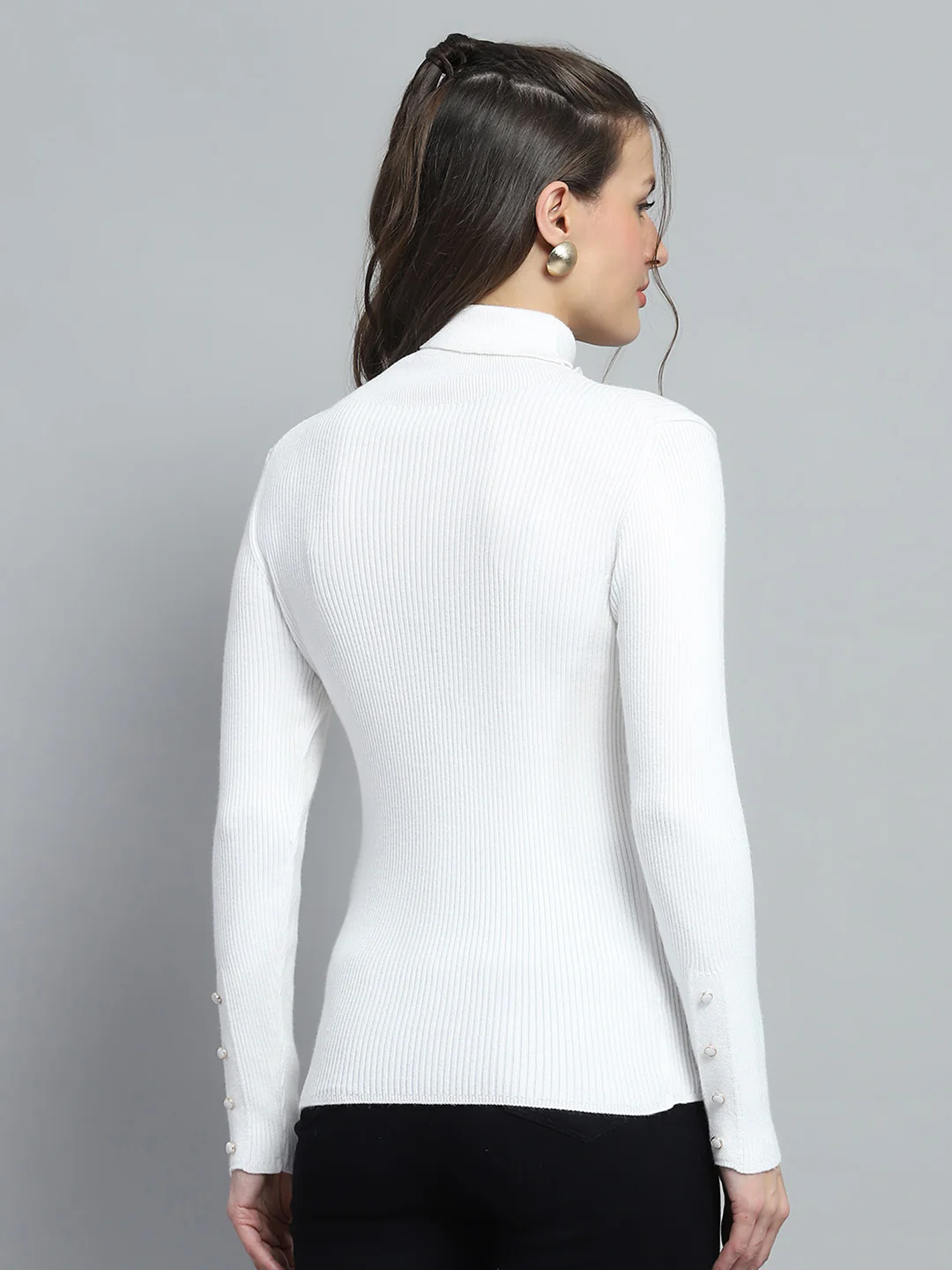 Women White Solid High Neck Full Sleeve Sceavy - Image 5