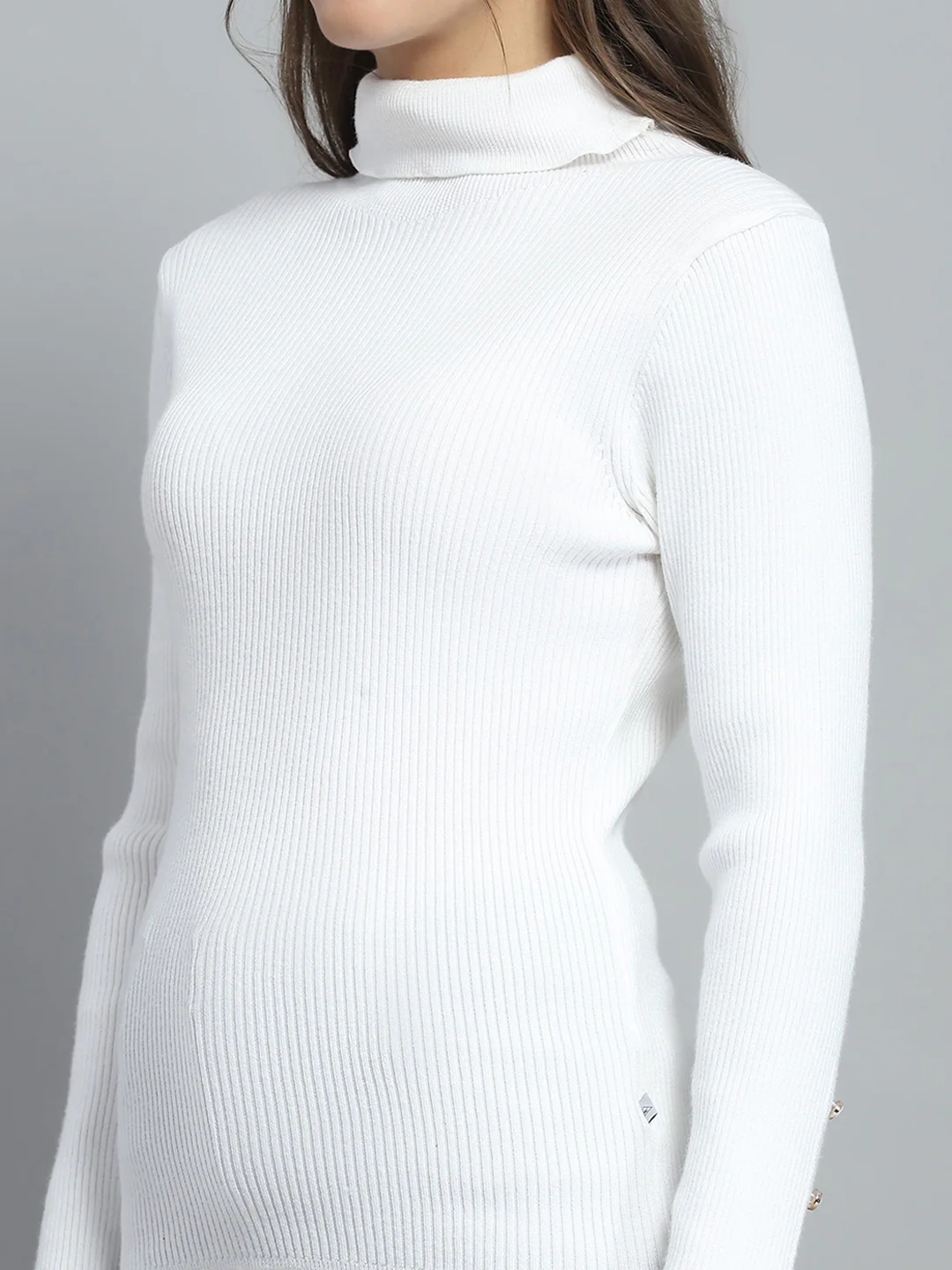 Women White Solid High Neck Full Sleeve Sceavy - Image 7