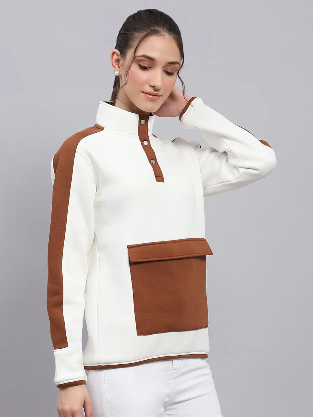 Rock.it Women White Solid Mock Neck Full Sleeve Sweatshirt - Image 4