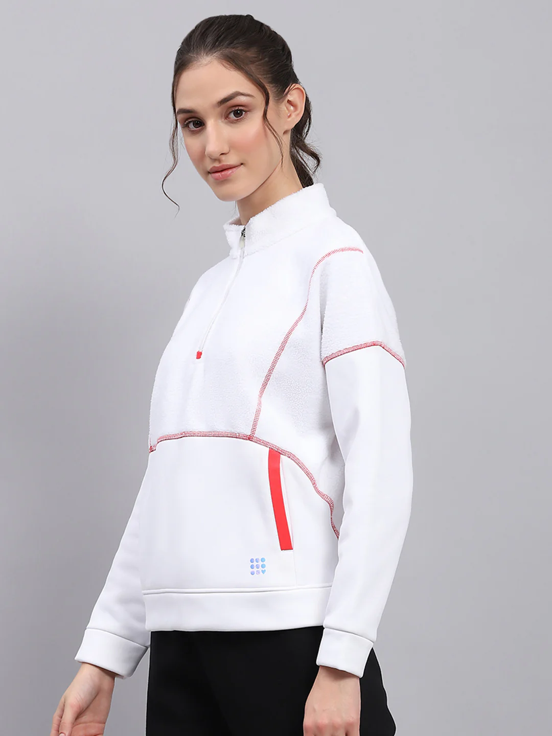 Rock.it Women White Solid Mock Neck Full Sleeve Sweatshirt - Image 3