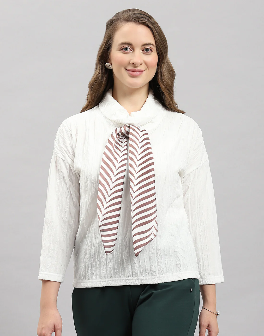 Women White Solid Mock Neck Full Sleeve Winter Top - Image 2