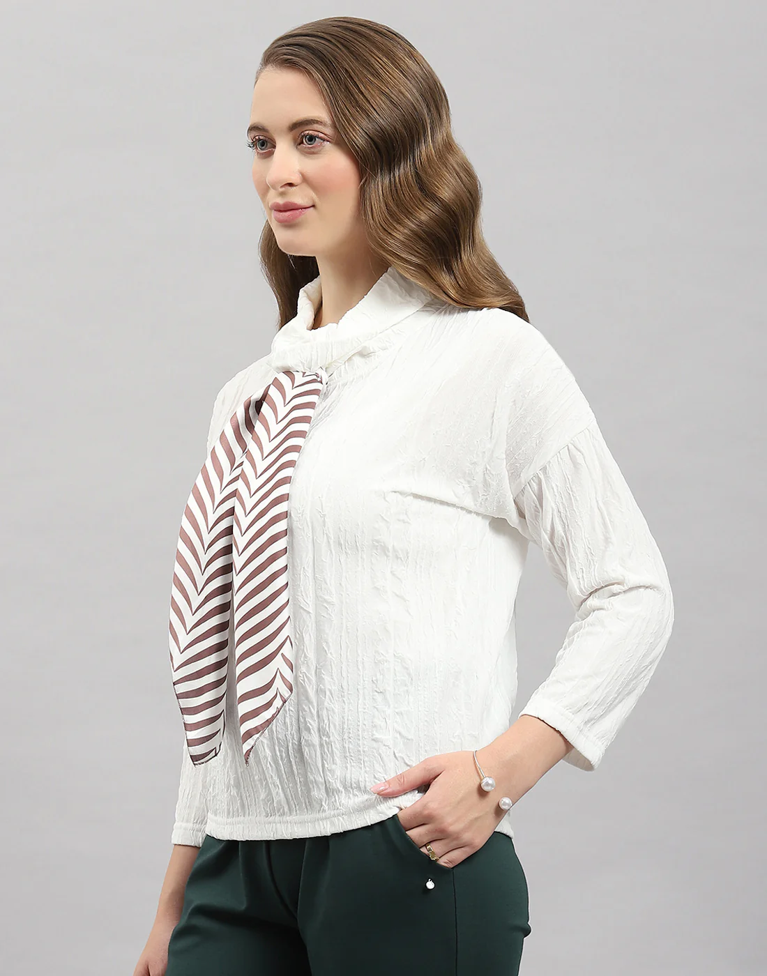 Women White Solid Mock Neck Full Sleeve Winter Top - Image 3