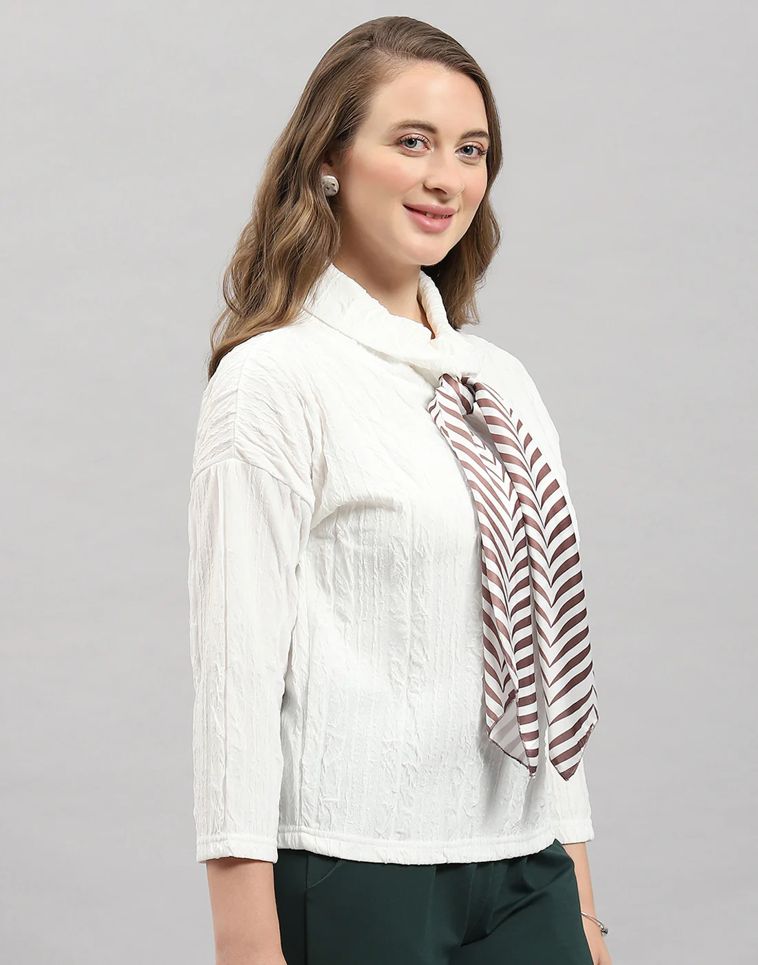 Women White Solid Mock Neck Full Sleeve Winter Top - Image 4