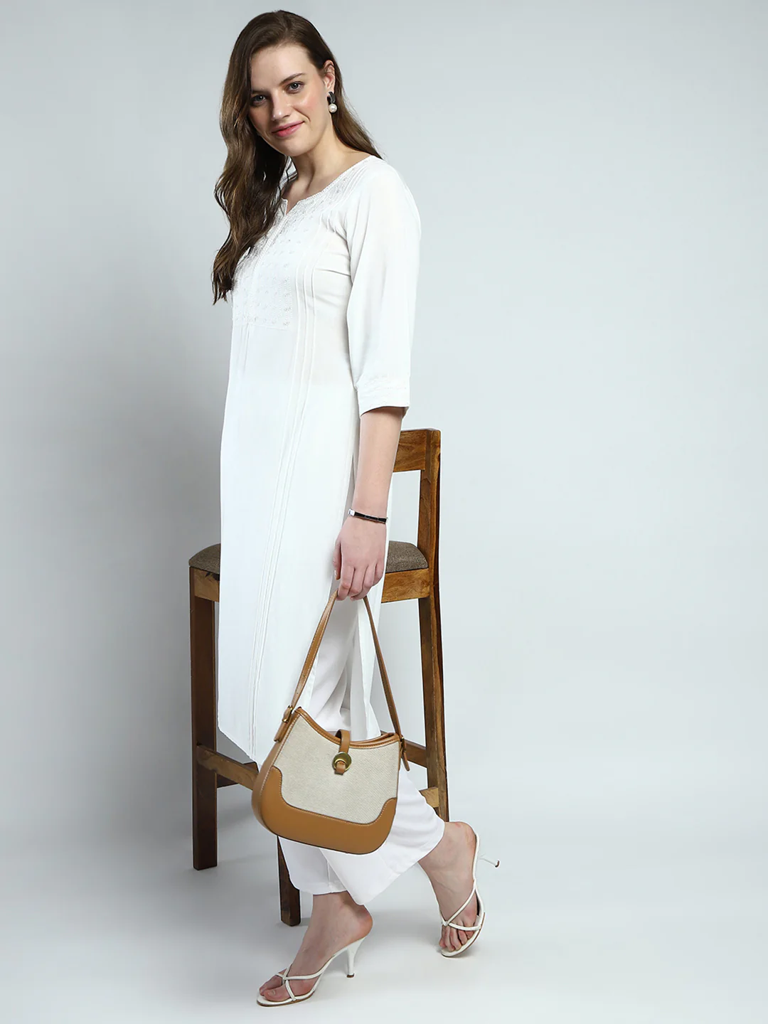 Women White Solid Round Neck 3/4th Sleeve Kurti - Image 6