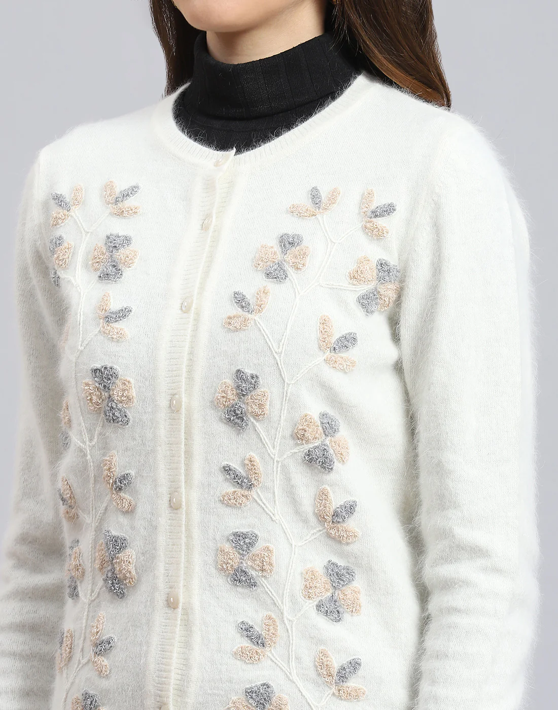 Women White Solid Round Neck Full Sleeve Cardigan - Image 8