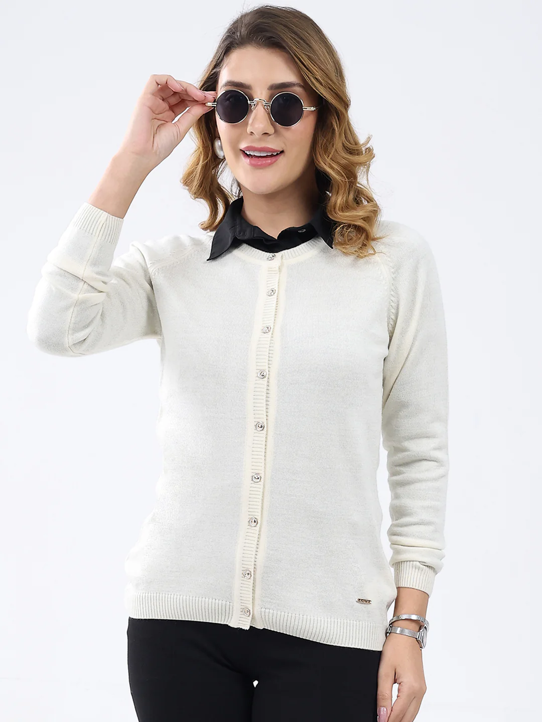 Women White Solid Round Neck Full Sleeve Cardigan - Image 6