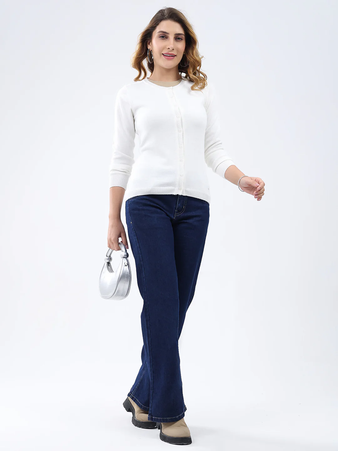 Women White Solid Round Neck Full Sleeve Cardigan - Image 2