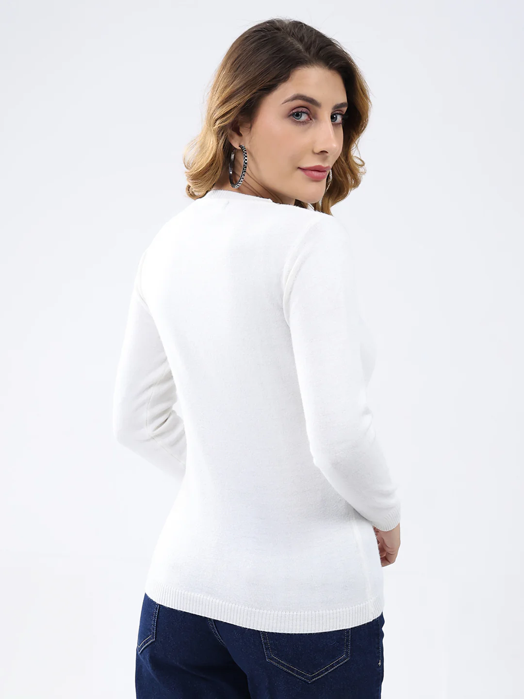Women White Solid Round Neck Full Sleeve Cardigan - Image 5