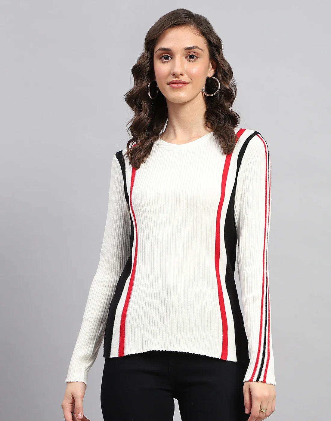 Women White Solid Round Neck Full Sleeve Winter Top - Image 2