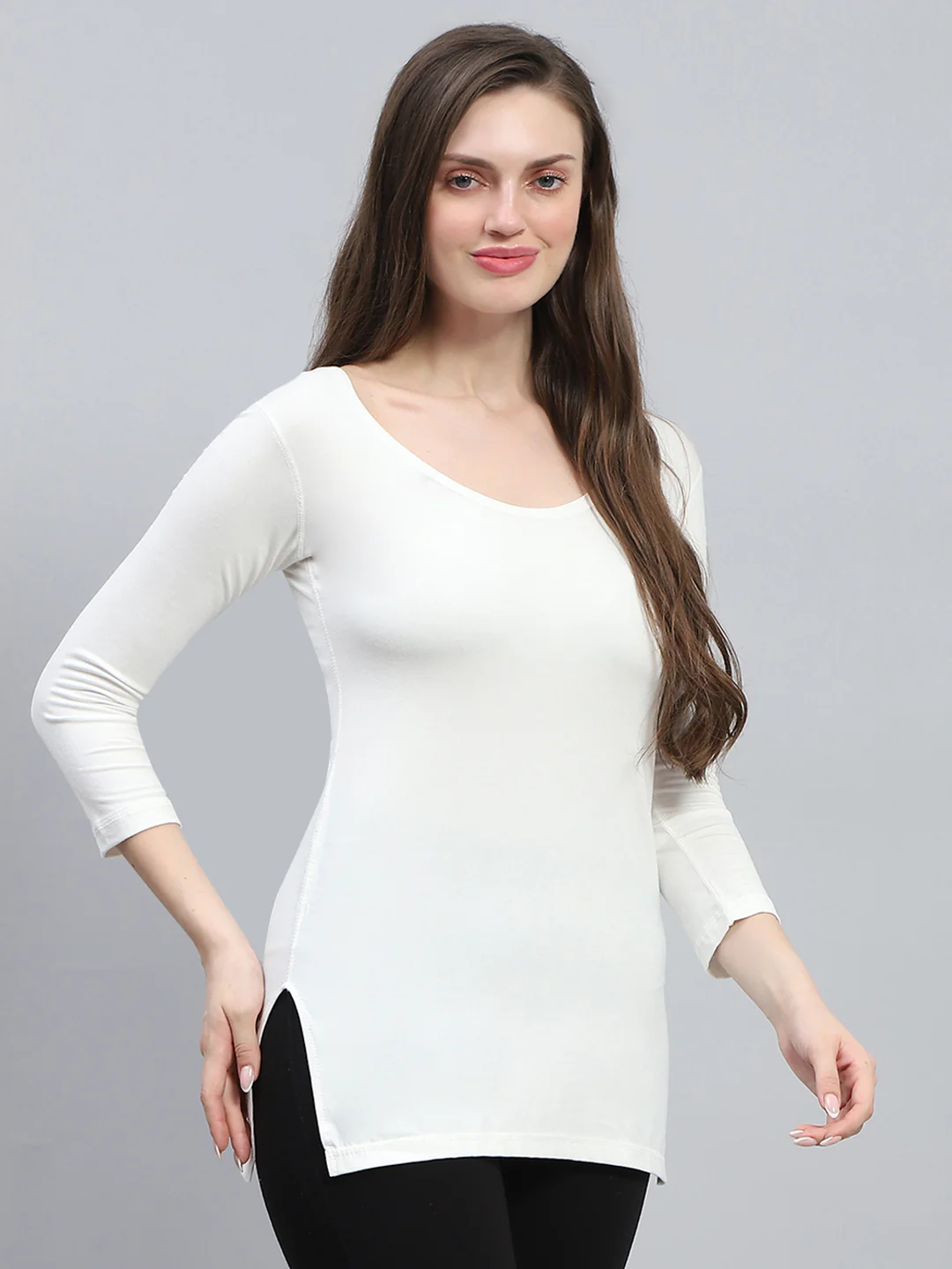 Women White Solid Round Neck 3/4th Sleeve Thermal Vest - Image 4